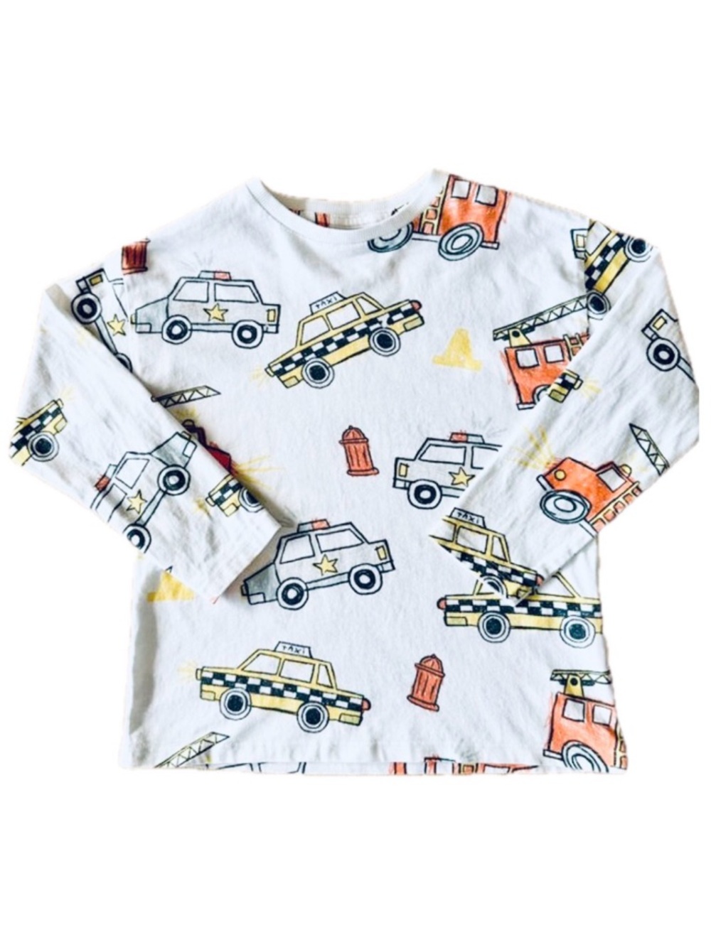 Zara White Tee with Yellow Taxi, Policr cars and Orange Fire Truck Motif